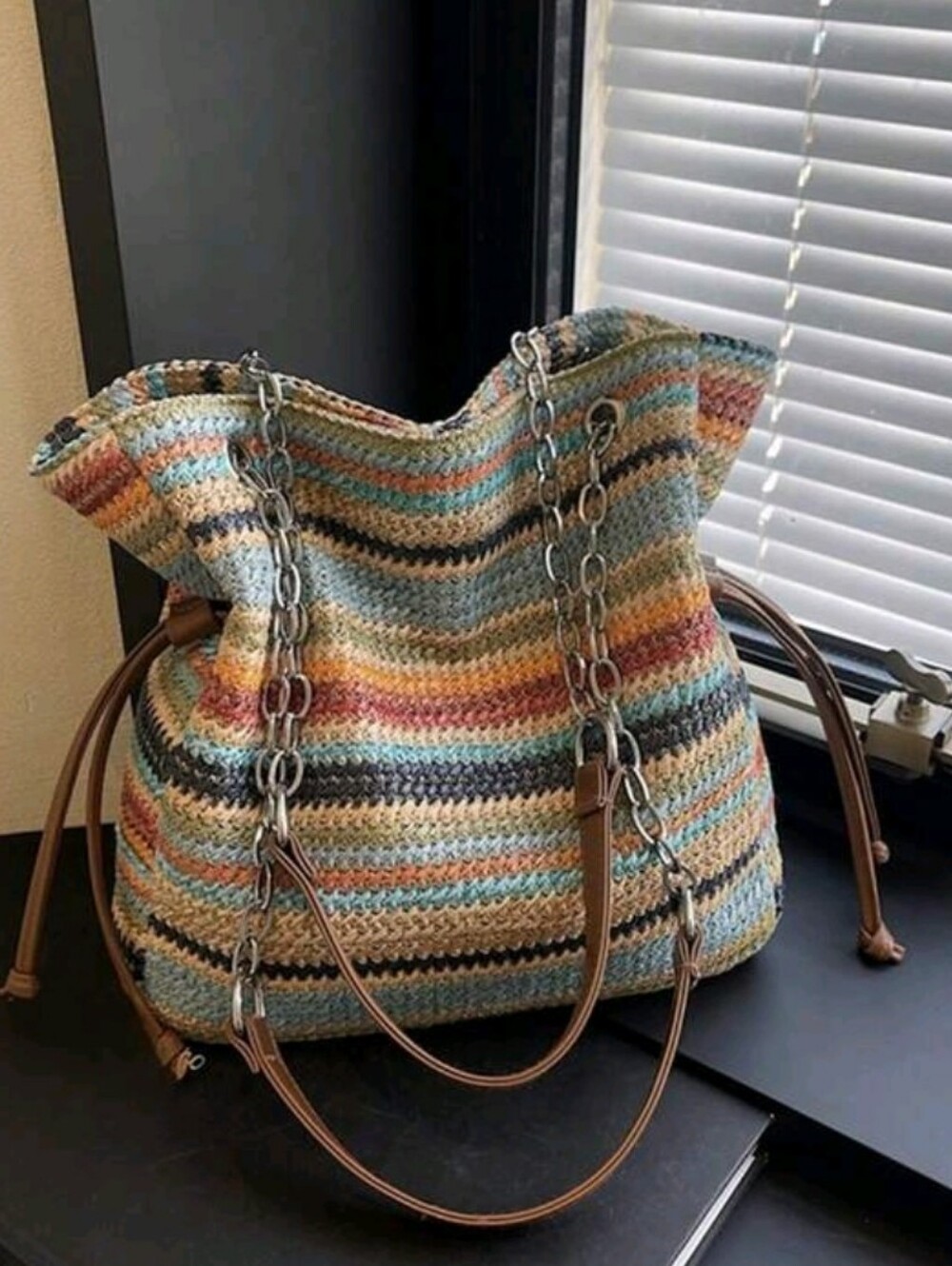 Woven Multi-Stripe Tote Bag with Chain Handles